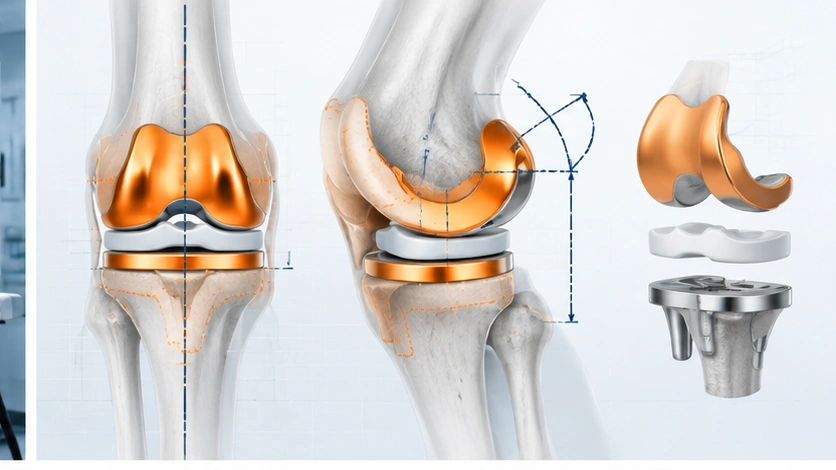 Robotic-assisted knee replacement 3D surgical plan showing implant alignment