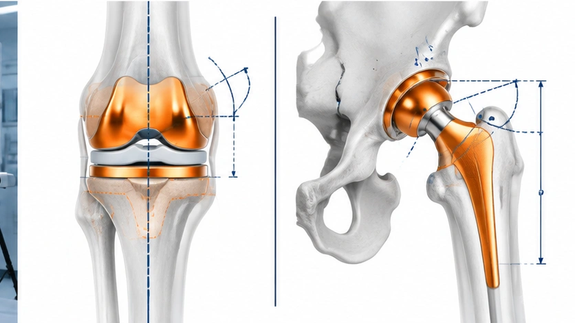 Robotic knee replacement and robotic hip replacement implant positioning compared