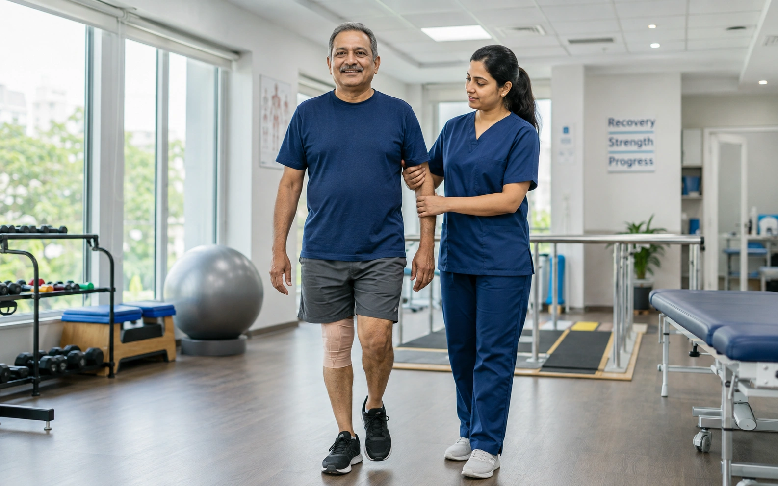 Patient recovering after arthroscopic surgery in Delhi NCR walking with physiotherapist