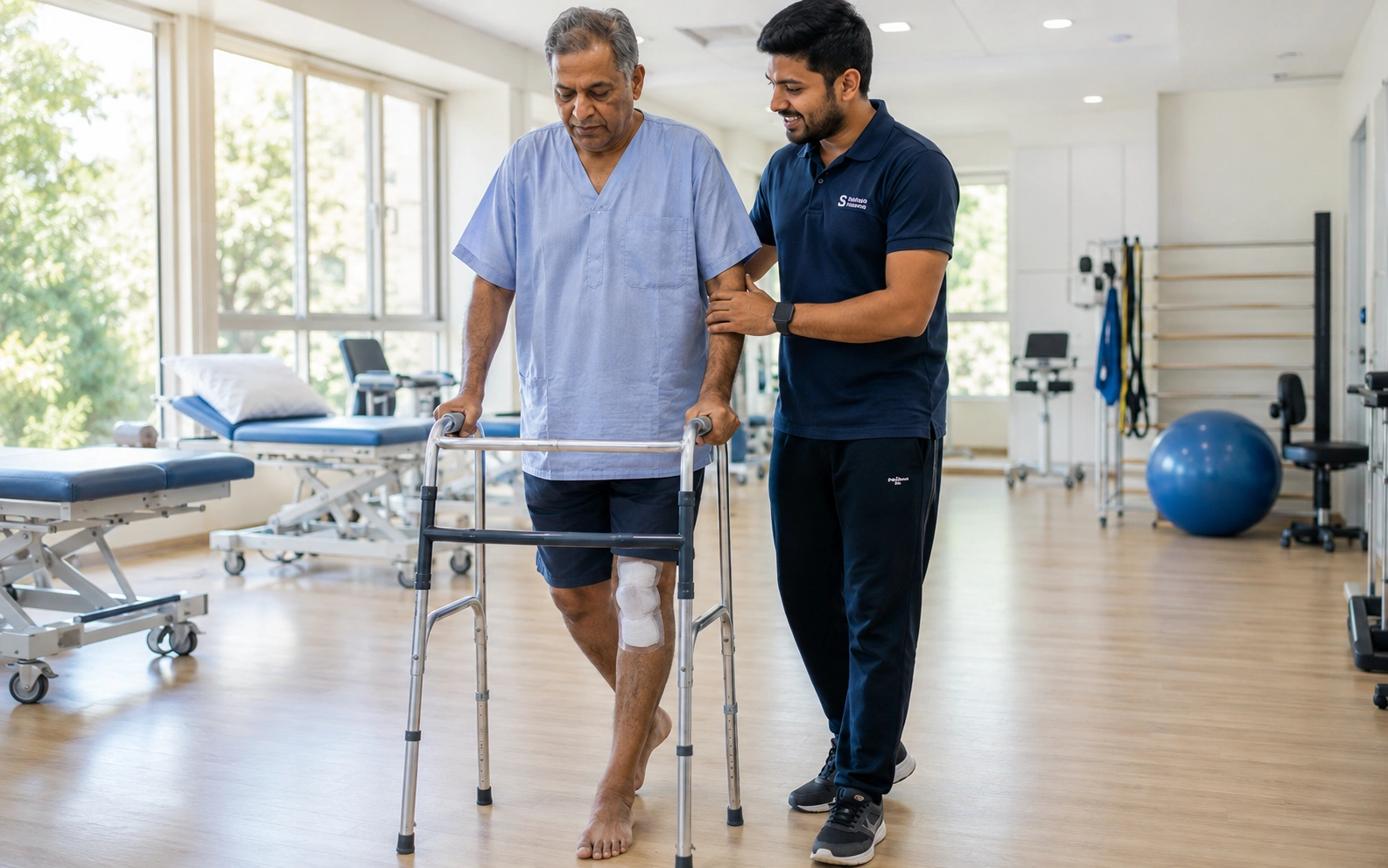Patient walking with physiotherapist during day-1 recovery after joint replacement surgery in Delhi NCR